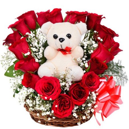 Valentine rose flower with teddy bear in basket