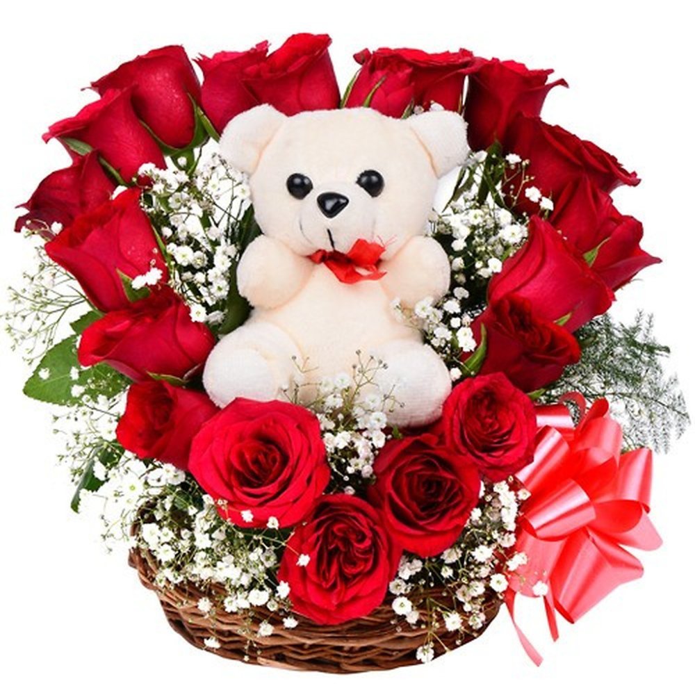 Cesta de regalo de rosas rojas con osito de peluche