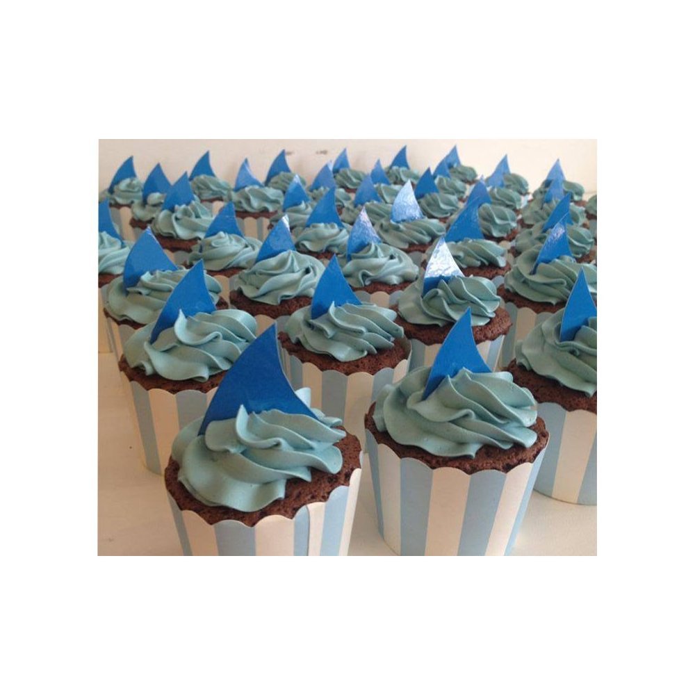 Chocolate cupcakes with shark fin toppers