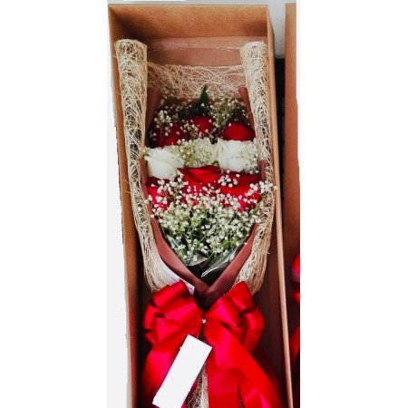 9 red and white roses in box