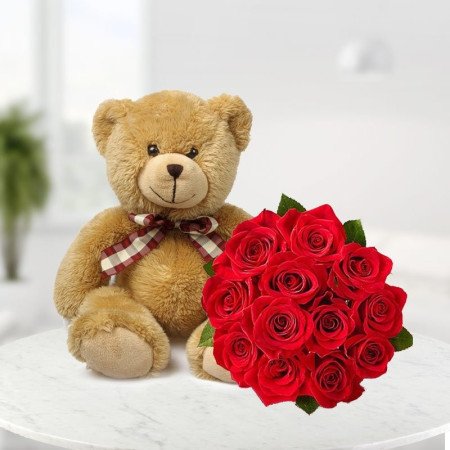 Teddy Bear, Red Roses & Strawberry Cake Gift SetBirthdayTeddy Bear with Red Roses & Strawberry Cake Gift Set | Romantic Celebrat