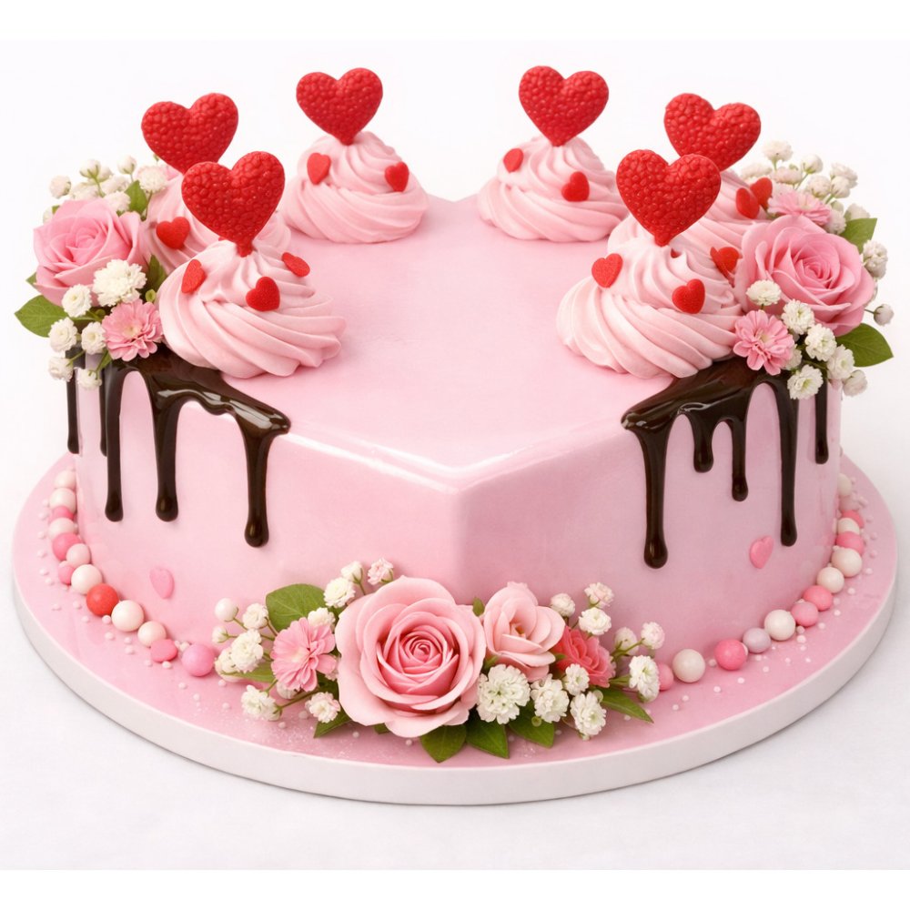 Torta rosa en forma de corazón con rosas