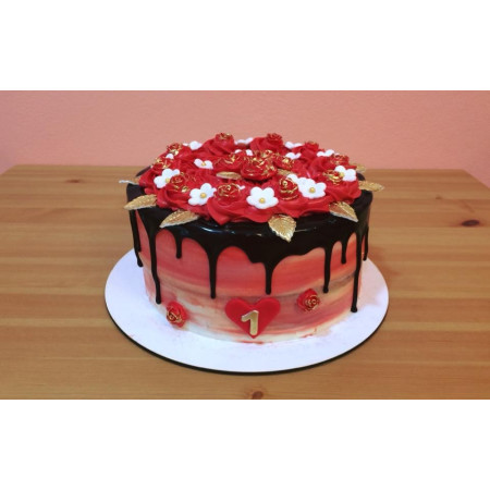  3D Party Cake 2P 750g – Red & Pink Floral Drip Design| delivery in Pattaya Cakes - Foto 1