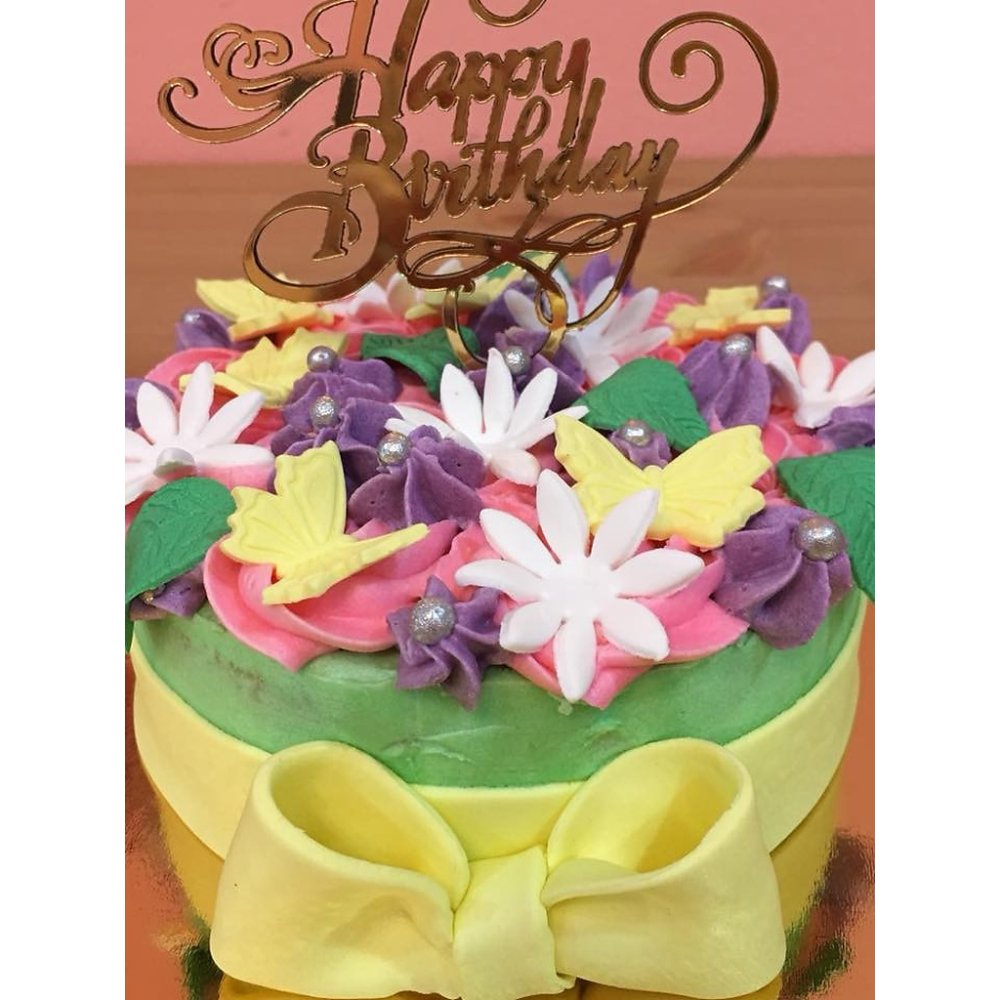Floral fondant birthday cake gold topper