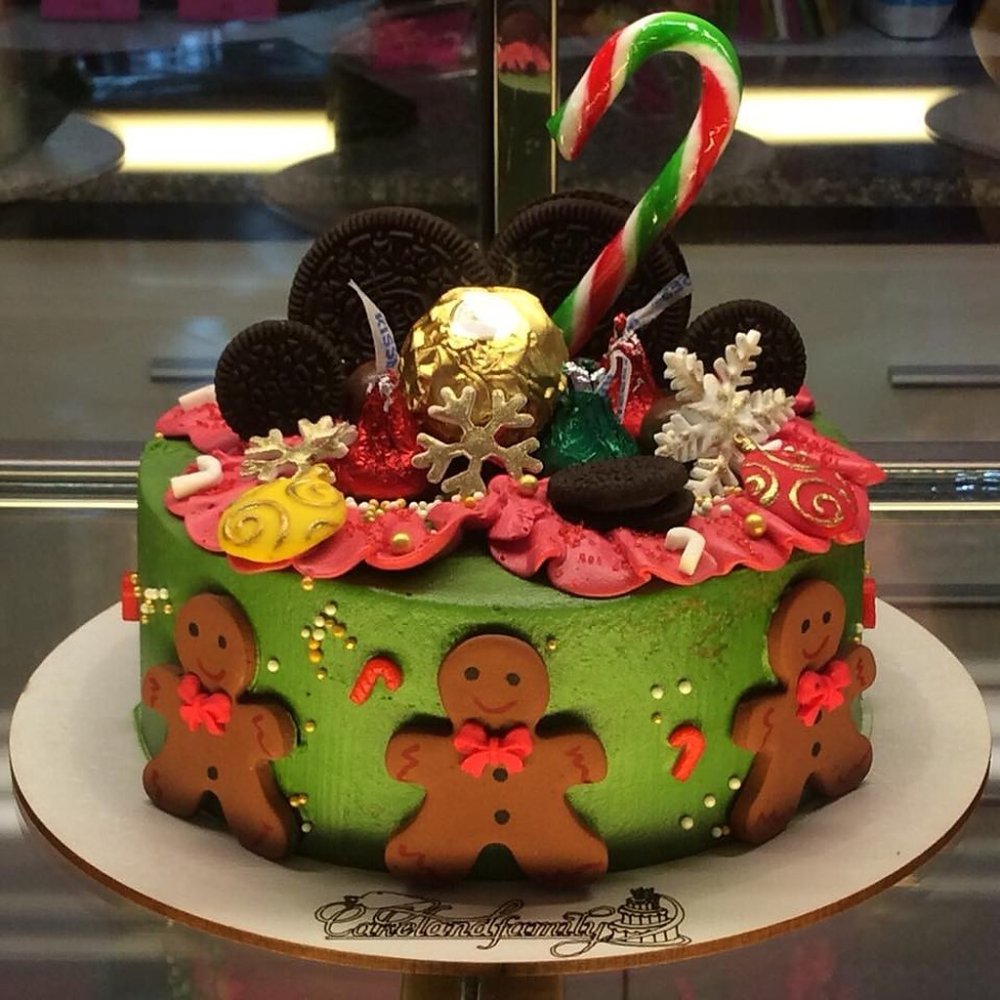 Festive gingerbread and candy cake