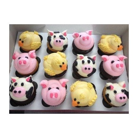  12‑Piece 3D Farm Animal Cupcake Set with Pig, Cow & Chick Designs – Same‑Day Delivery Cakes - Foto 1