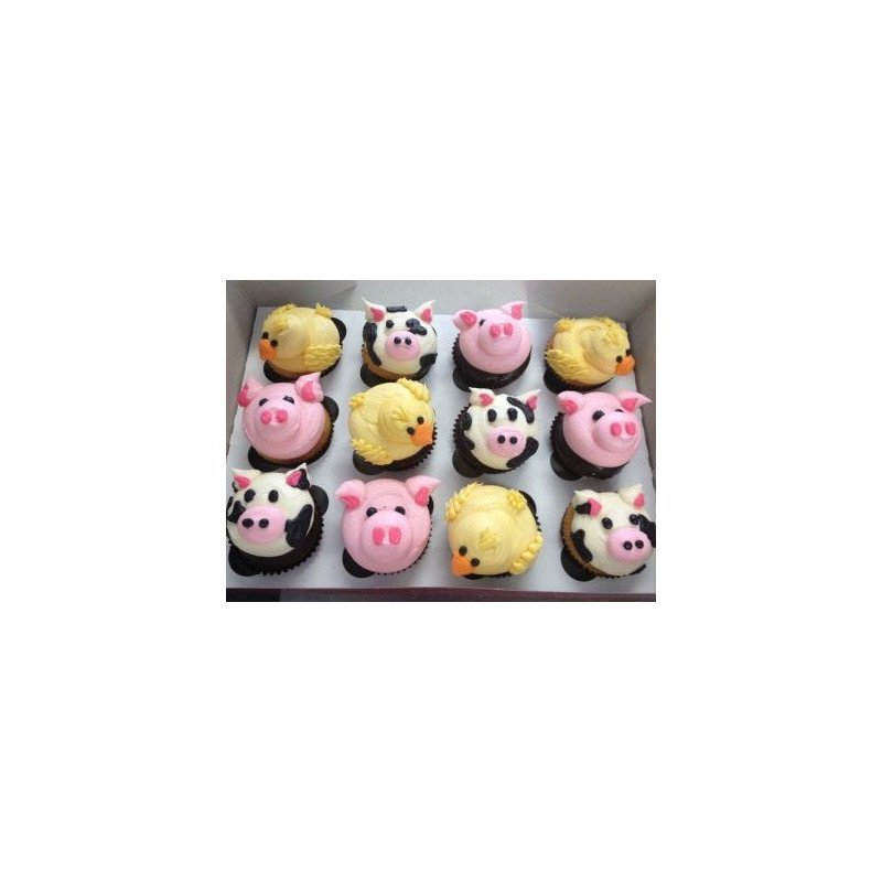  12‑Piece 3D Farm Animal Cupcake Set with Pig, Cow & Chick Designs – Same‑Day Delivery Cakes - Foto 1
