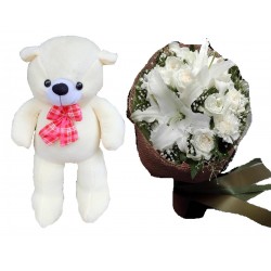 the  teddy bear size 1 meter with flowers (delivery in 2 day)