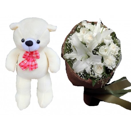 the  teddy bear size 1 meter with flowers (delivery in 2 day)