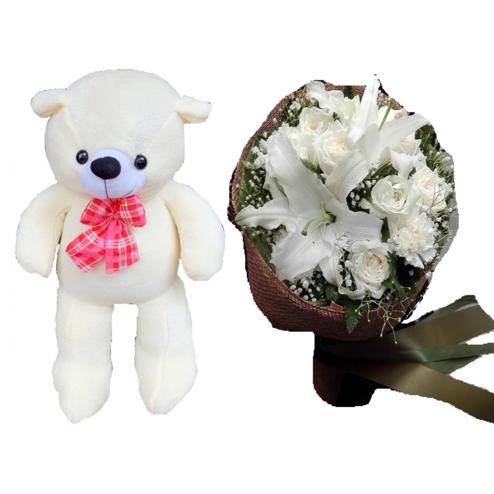 Ours en peluche crème fleurs blanches
