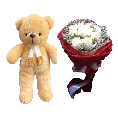 The  teddy bear size 1 meter and flowers (delivery in 2-3 day)