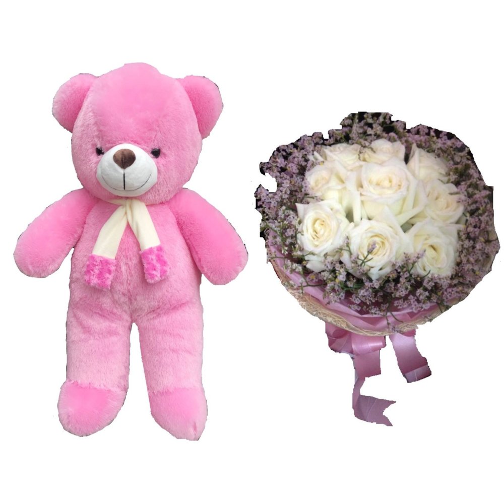 Pink teddy bear white roses