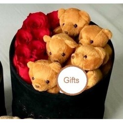 6 roses in box with mini bear