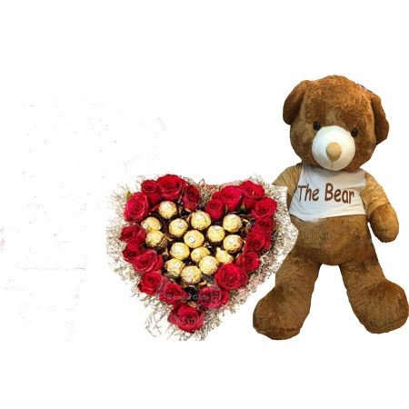 Artificial flowers in box with teddy bear size 30 cm