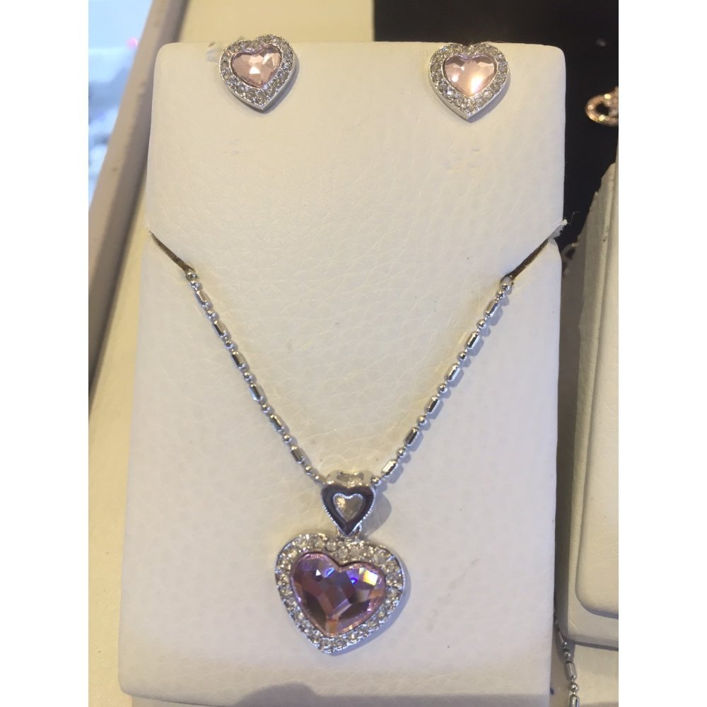 Conjunto de joyería de corazón rosa plateado