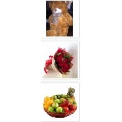 Gift set flowers with teddy bear and fruitbasket
