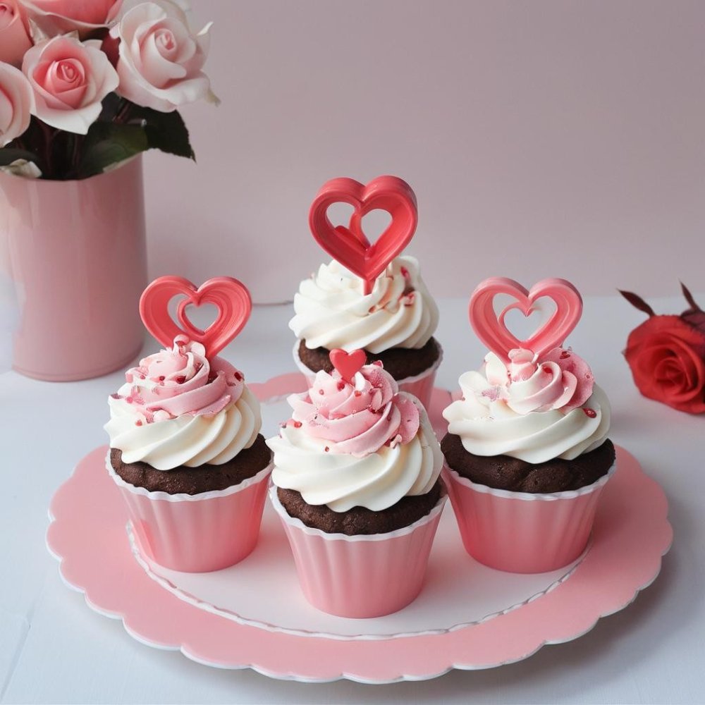 Artificial heart cupcakes on platter