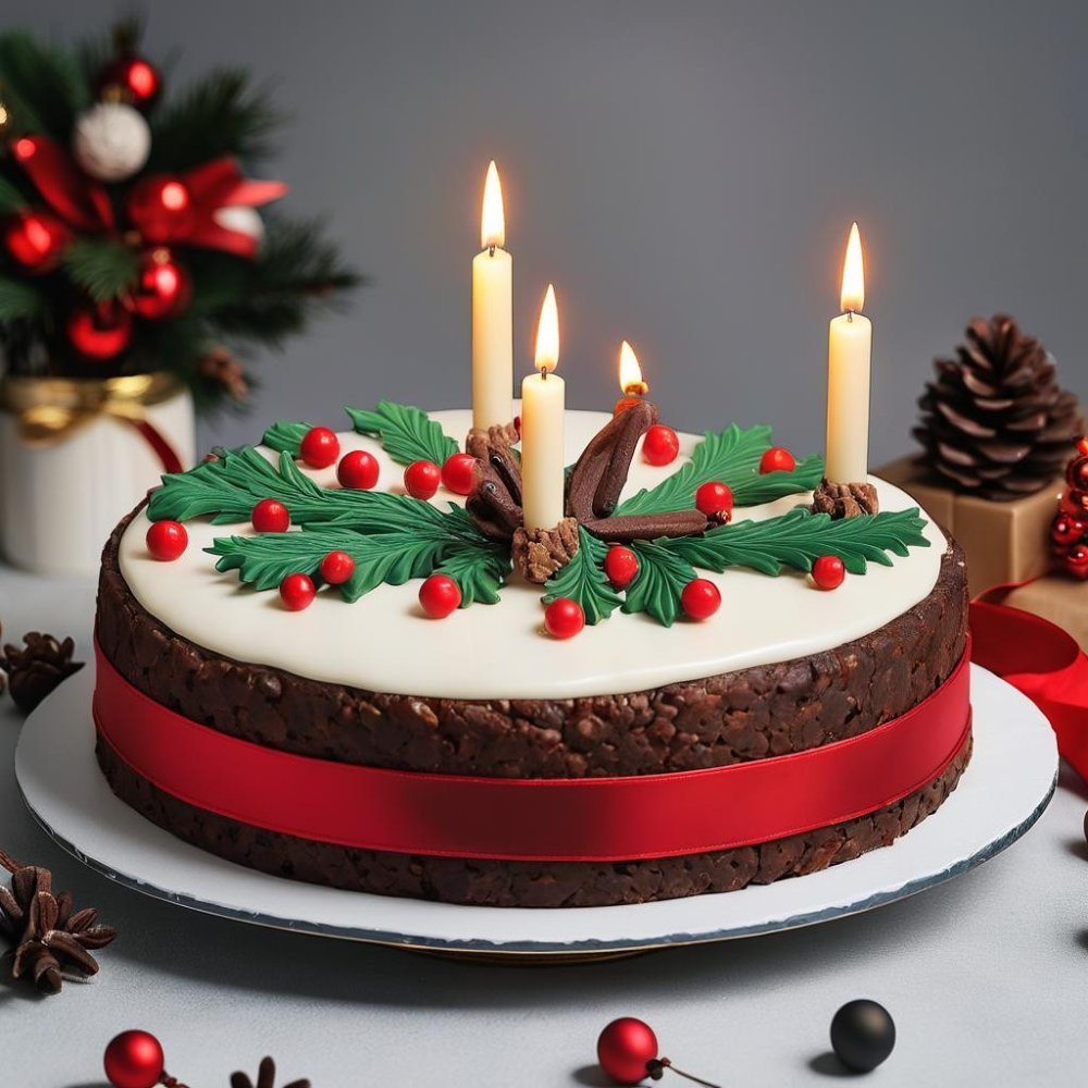 Pastel festivo de chocolate con vegetación