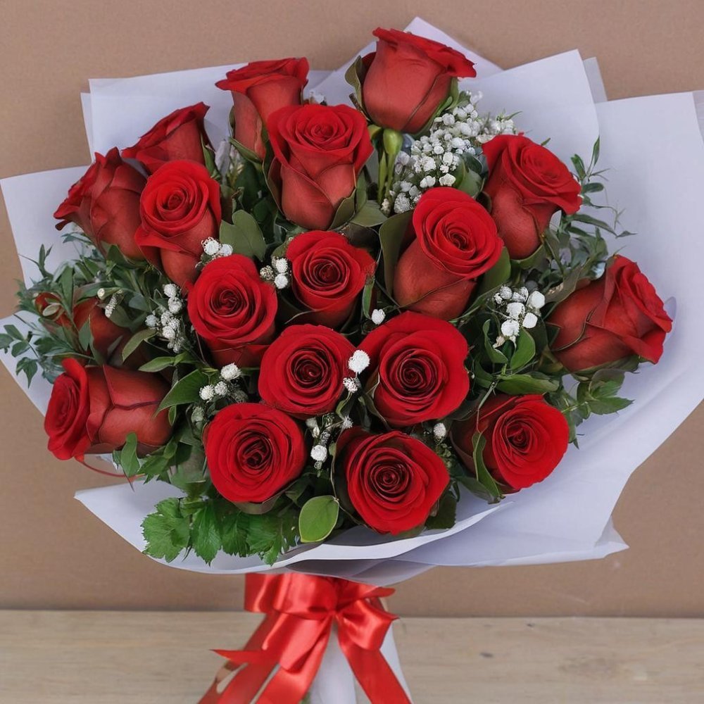 Red roses bouquet white wrapping
