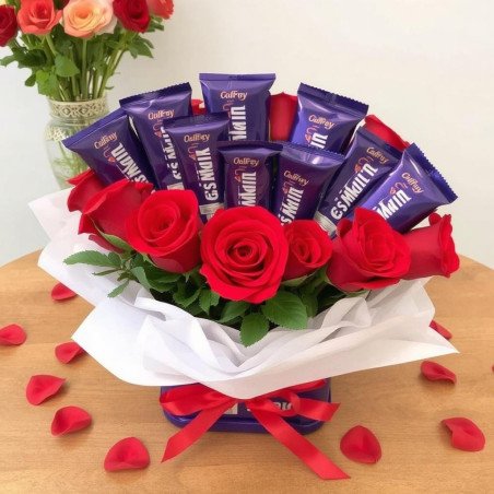 巧克力與玫瑰：This Beautiful Arrangement consists of: 10 Pieces Dairy Milk wi