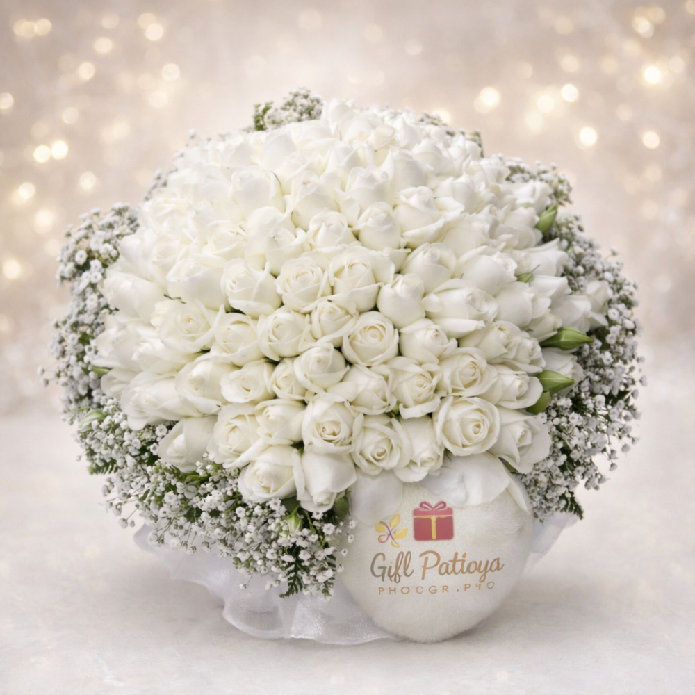 Valkoinen ruusu ja gypsophila-kimppu