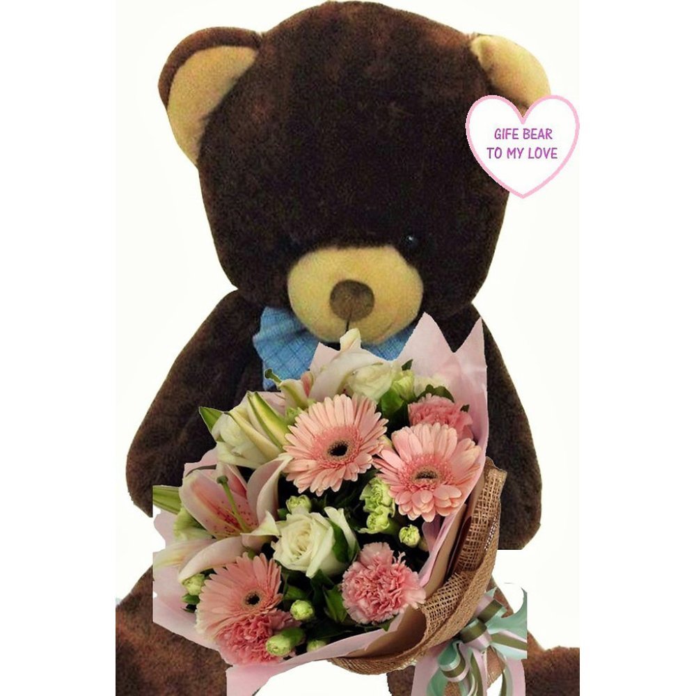 Ours en peluche brun bouquet rose