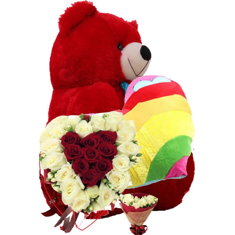 GET WELL GIFT FLOWERS WITH TEDDY BEAR AND HEART PILLOW 32