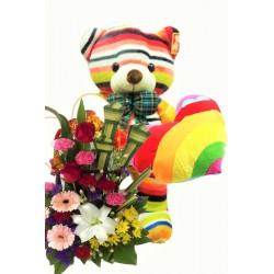 GET WELL GIFT FLOWERS WITH TEDDY BEAR AND HEART PILLOW 40