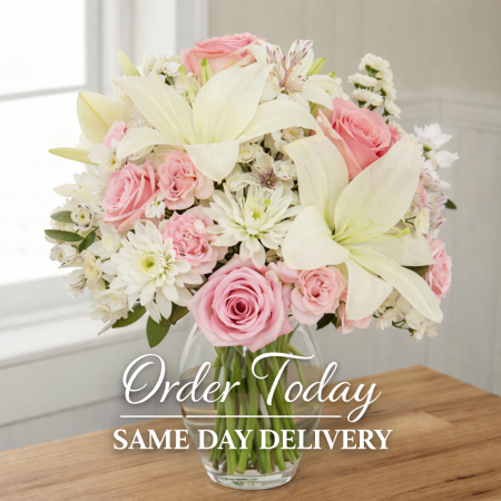VASE OF LILLY AND PINK ROSES FLOWERS - 5 Vase of Lilies & Pink Roses | Verse Bloemenbezorging