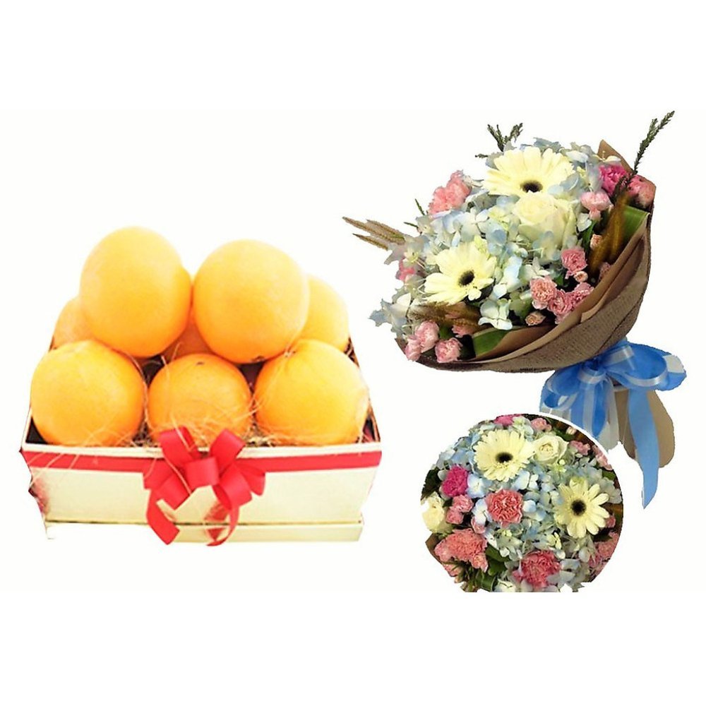 Panier d'agrumes et bouquet