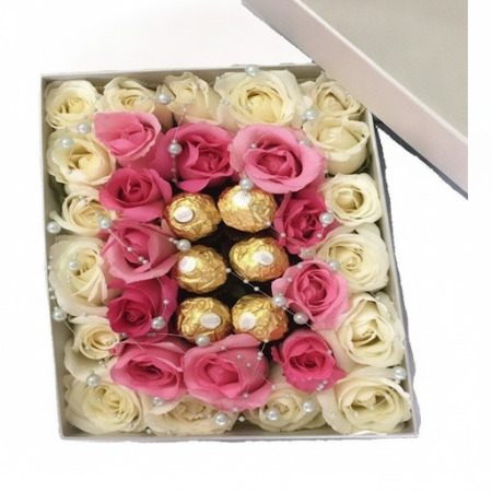 mix roses in box with chocolate - 2 巧克力盒中的玫瑰 | [您的品牌]