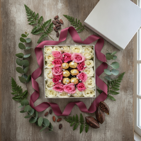 mix roses in box with chocolate - 3 巧克力盒中的玫瑰 | [您的品牌]