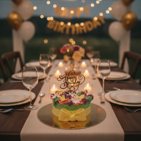 Ustawienie stołu na urodziny z tortem FLOWER CAKE 01