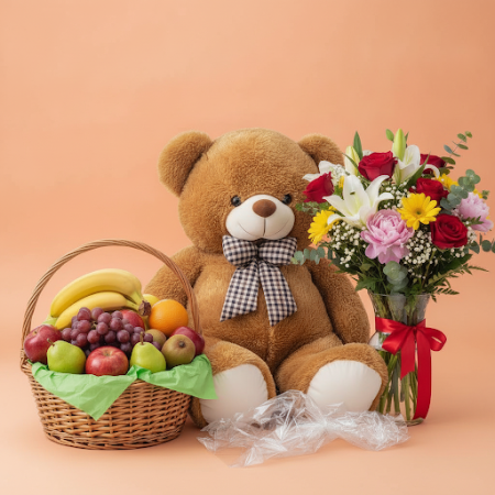 Gift set flowers with teddy bear and fruitbasket - 6 Set de regalo de aniversario: Flores, Teddy y cesta de frutasSorprende a tu