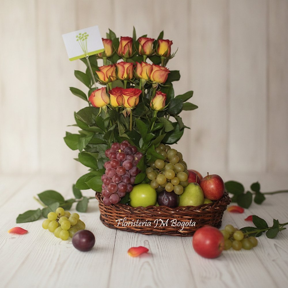 Fruit basket and flower arrangement