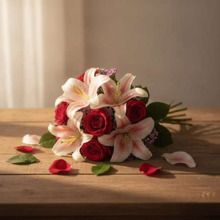 LILLY WITH RED ROSE FLOWER - 4 Lilly with Red Rose Flower Bouquet | Acquista oraIllumina qualsiasi occasione con il nostro bouqu