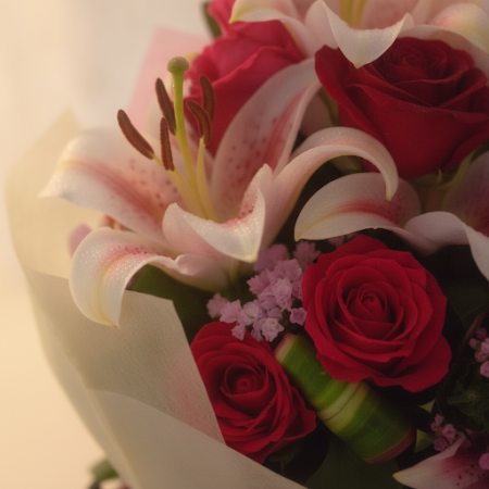 LILLY WITH RED ROSE FLOWER - 5 Lilly with Red Rose Flower Bouquet | Acquista oraIllumina qualsiasi occasione con il nostro bouqu