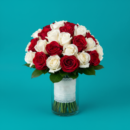 35 WHITE AND RED ROSE FLOWERS - 5 باقة الورد الأبيض والأحمر | زهور طازجة عبر الإنترنتأضئ أي مناسبة مع باقة 35 WHITE AND RED ROSE