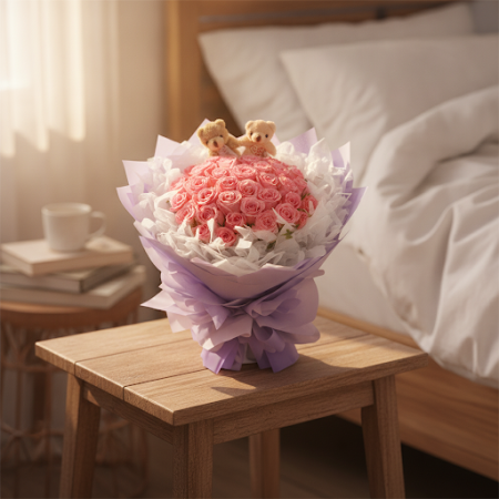 PINK ROSE FLOWER WITH TEDDY - 4 Pink Rose Flower & Teddy Bouquet | Kjøp nåOverrask din kjære med vår PINK ROSE FLOWER WITH TEDDY
