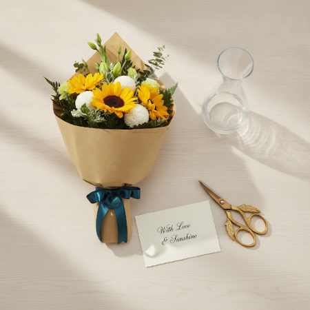 Sunshine Harmony Bouquet – Sunflowers & White Chrysanthemums Gift Sunshine Harmony Bouquet – Sunflowers & White Chrysanthemums G