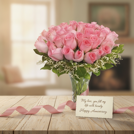 VASE OF 35 PINK ROSES FLOWERS 03 - 3 Vase of 35 Pink Roses | Fresh Flowers | Order NowBrighten any space with our stunning vase 