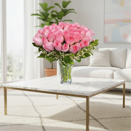 VASE OF 35 PINK ROSES FLOWERS 03 - 6 Vase of 35 Pink Roses | Fresh Flowers | Order NowBrighten any space with our stunning vase 