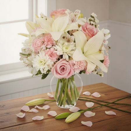 VASE OF LILLY AND PINK ROSES FLOWERS - 10 Vase of Lilies & Pink Roses | Lliurament de Flors FresquesIl·lumina el teu espai amb e