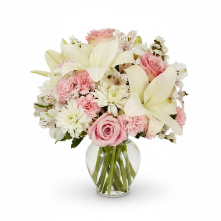 VASE OF LILLY AND PINK ROSES FLOWERS - 15 Vase of Lilies & Pink Roses | Lliurament de Flors FresquesIl·lumina el teu espai amb e