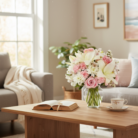 VASE OF LILLY AND PINK ROSES FLOWERS - 19 Vase of Lilies & Pink Roses | Lliurament de Flors FresquesIl·lumina el teu espai amb e