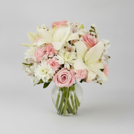 VASE OF LILLY AND PINK ROSES FLOWERS - 22 Vase of Lilies & Pink Roses | Lliurament de Flors FresquesIl·lumina el teu espai amb e