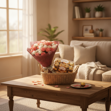 Chocolate with flowers in basket - 5 Chocolate with flowers in basket | 맛있는 간식우리의 신선한 꽃으로 장식된 정교한 초콜릿 바구니를 즐겨보세요. 선물이나 특별한 날에 완벽