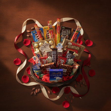 VALENTINE GIFT CHOCOLATE SET IN BASKET - 7 سلة هدايا الشوكولاتة في عيد الحب - هدية عيد الحب المثاليةأبهج أحبائك مع مجموعة هدايا 