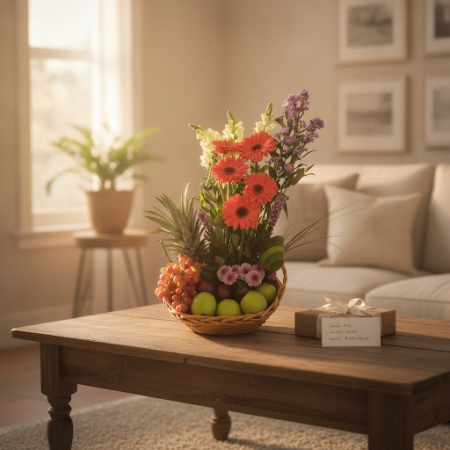 GIFT SET FLOWERS WITH FRUIT BaSKET TEDDY BEAR SIZE 30 CM AND CAKE - 4 Congratulations Gift Set: Flowers, Fruit, Teddy & CakeCele