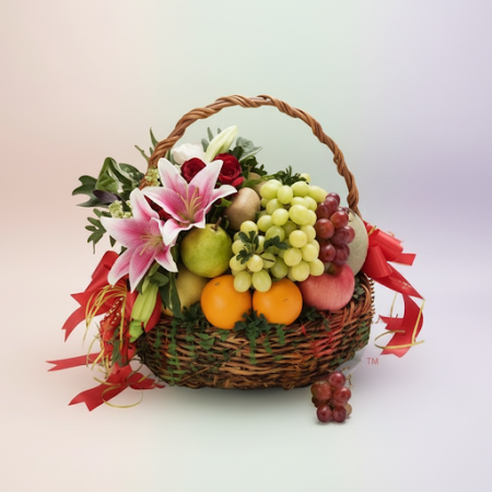 GIFT FLOWERS WITH FRUIT BASKET - 3 Gift Flowers & Fruit Basket | FelicitacionsCelebra amb les nostres impressionants flors de re
